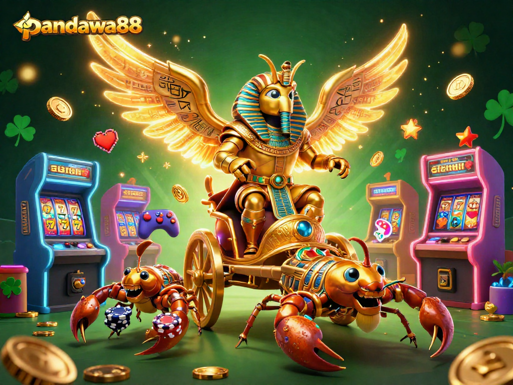 Permainan di pandawa88 dengan scarab emas berbelahan dadu, scorpion berpermata, dan chip poker di bawahnya.