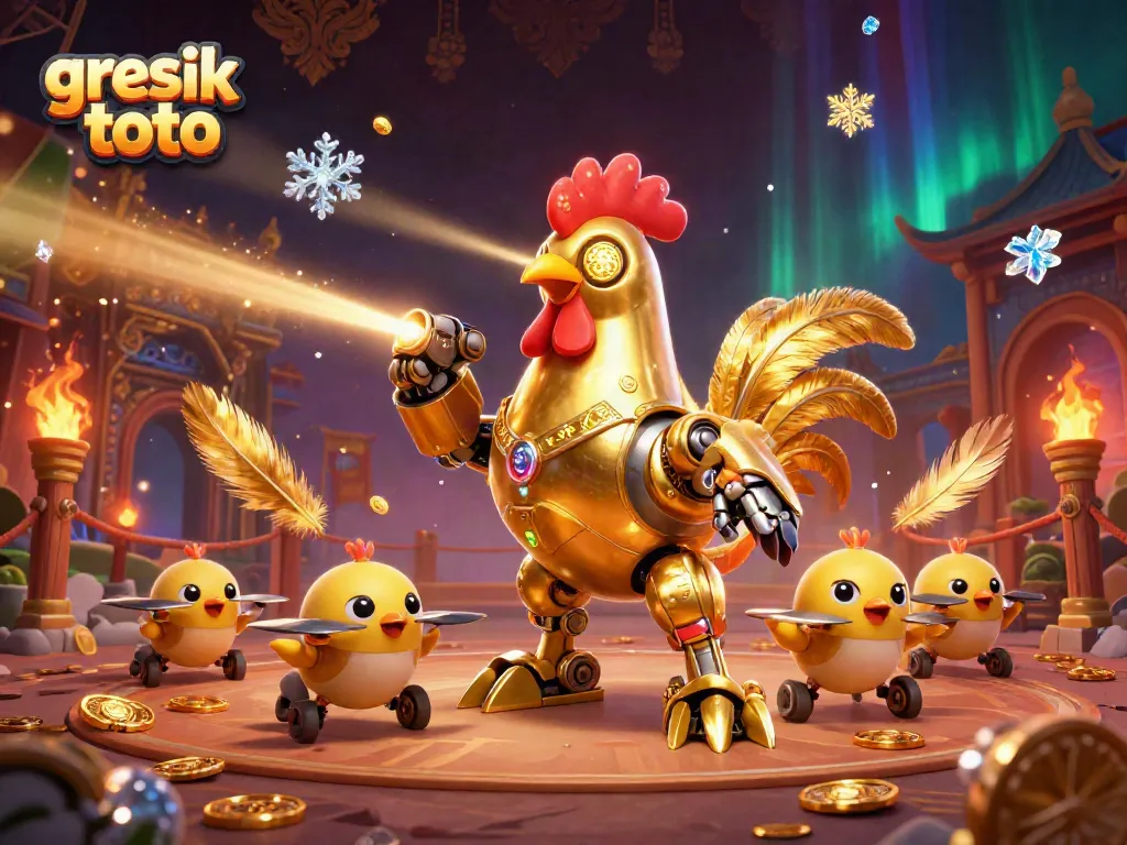 GRESIK TOTO menghadirkan pengalaman bermain game dengan robot ayam emas dan drone, dikelilingi koin emas.