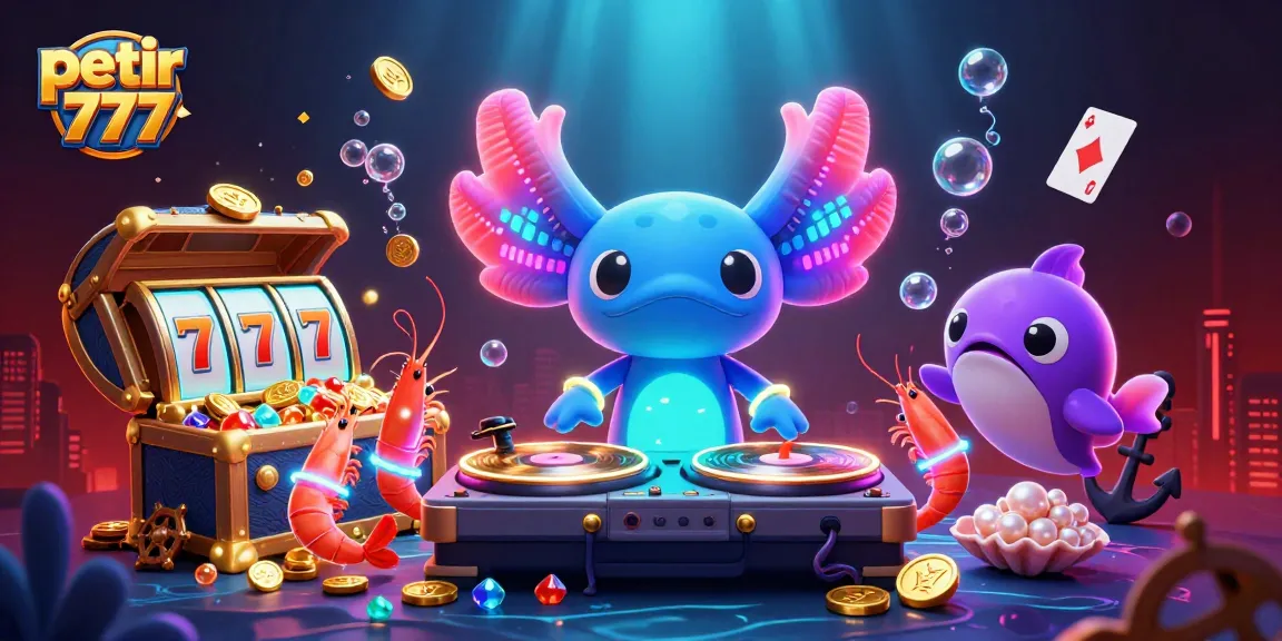 Engage with petir 777 slots in a vibrant underwater scene with DJ axolotl and glowing treasures.