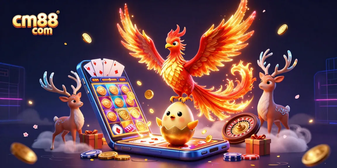 Spin to win with cm88 com, featuring vibrant 3D phoenix and gaming elements in action.