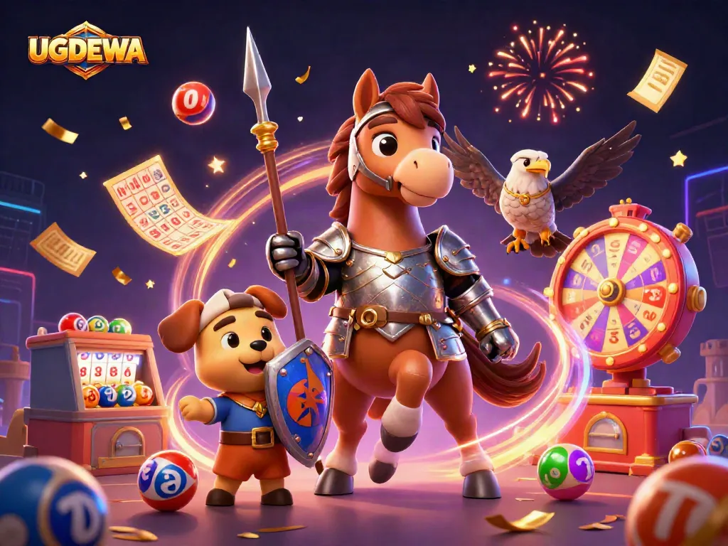 Engage with UGDEWA's vibrant gaming experience featuring dynamic lottery elements and festive visuals.