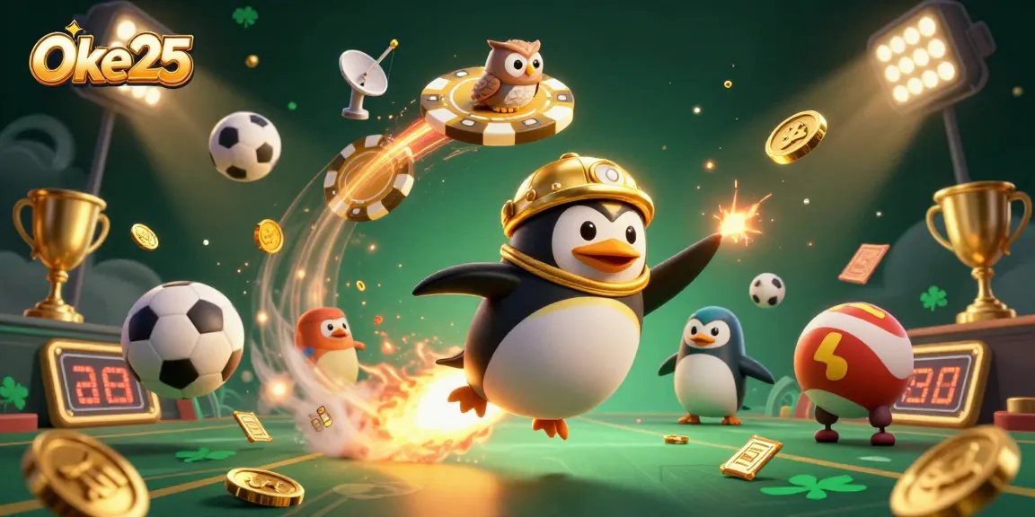 Oke25 menghadirkan ilustrasi perjudian yang penuh warna dengan penguin emas dan bola olahraga.