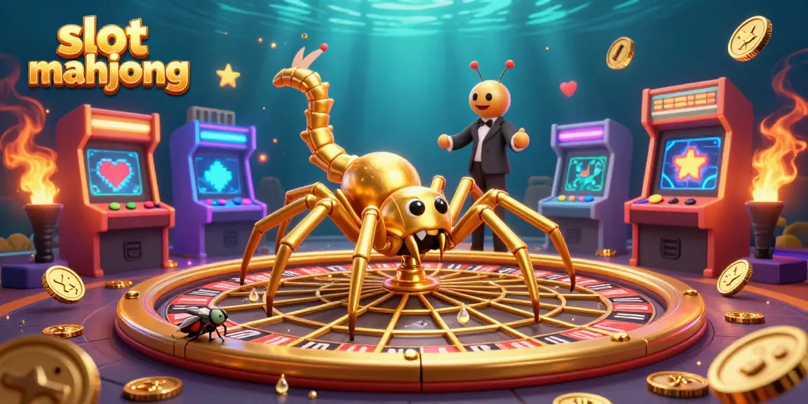 Experience slot mahjong thrills as a golden spider spins a roulette wheel web with exciting game elements.