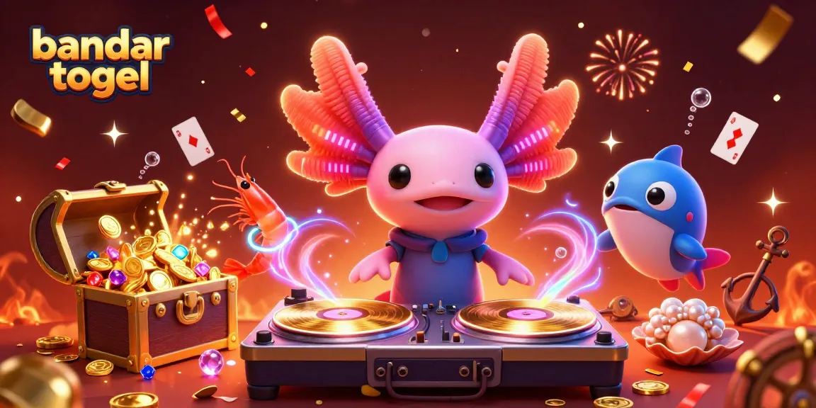Visual DJ axolotl neon dan kerumunan udang menari dengan tema bandar togel yang menghasilkan keceriaan.