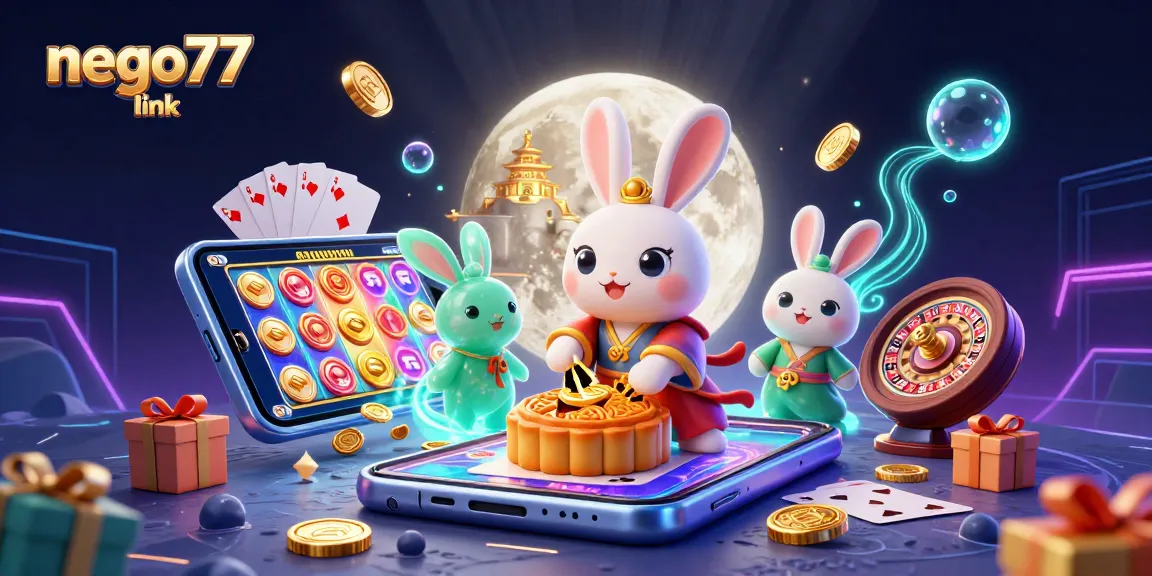 Engage with the exciting gambling world of nego77 link, featuring a 3D moon rabbit illustration with dynamic casino elements.