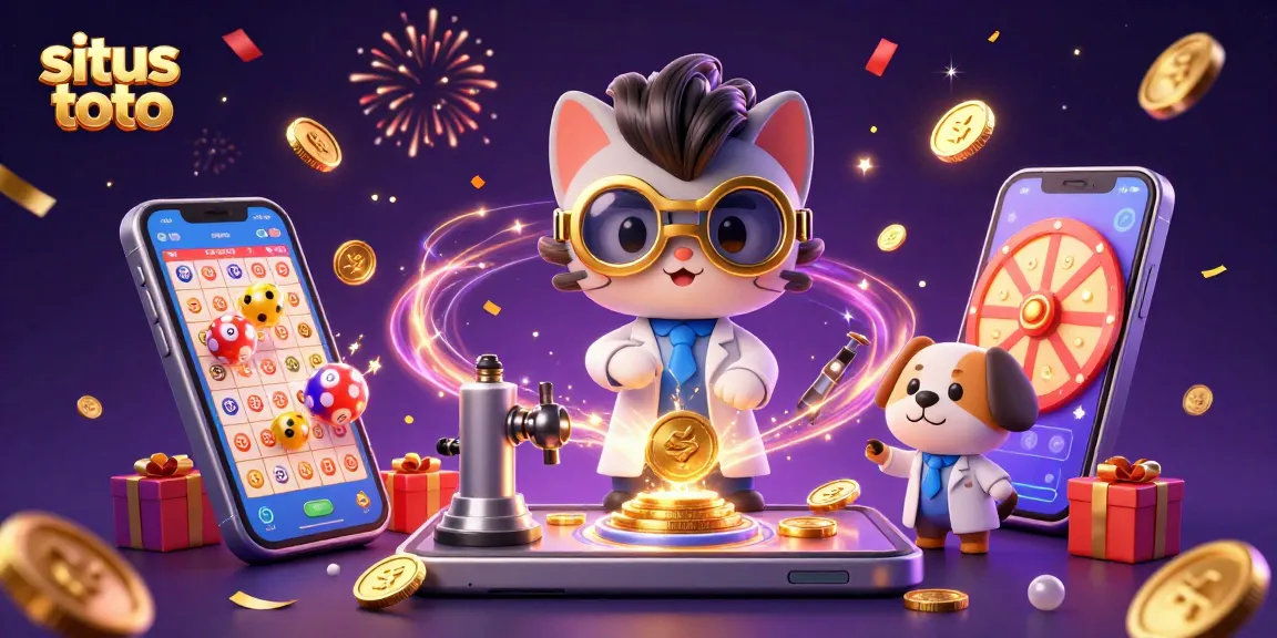 Menangkan situs toto dengan permainan lotere yang interaktif dan menyenangkan, dikelilingi oleh bola bernomor dan koin emas.