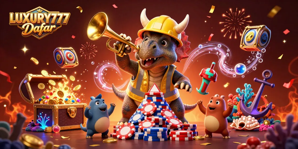 LUXURY777 Daftar, piramida chip poker yang dibangun oleh triceratops merayakan permainan dengan kemewahan di latar belakang.
