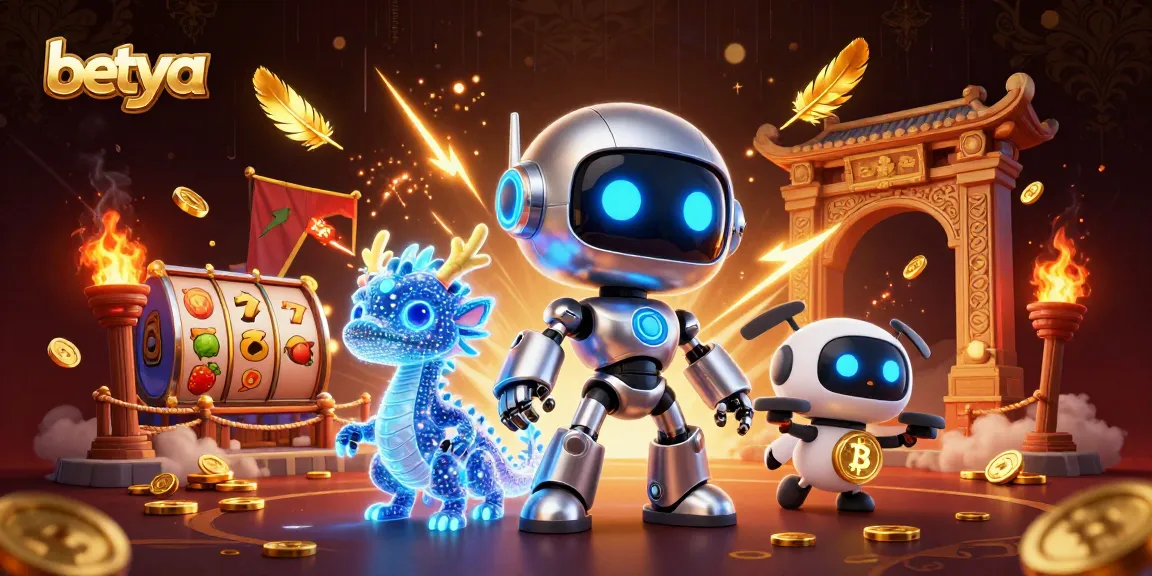 Engage with betya's vibrant casino scene featuring a cyberpunk robot, holographic dragon, and bitcoin drone in action.