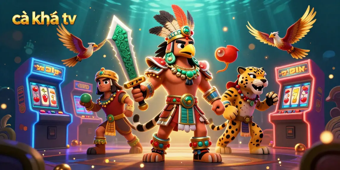 Cà khịa tv showcases an engaging online gambling scene featuring 3D warriors amidst vibrant slot game elements.