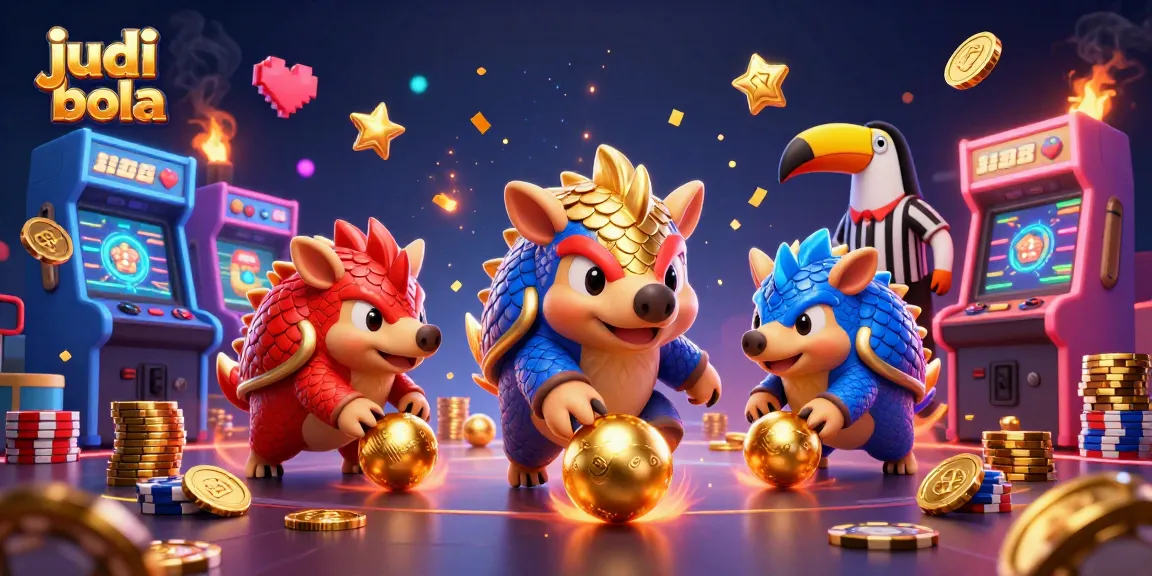 Permainan judi bola menampilkan dua pangolin bersaing dalam armor yang berwarna, menggulingkan bola emas di antara chip poker.