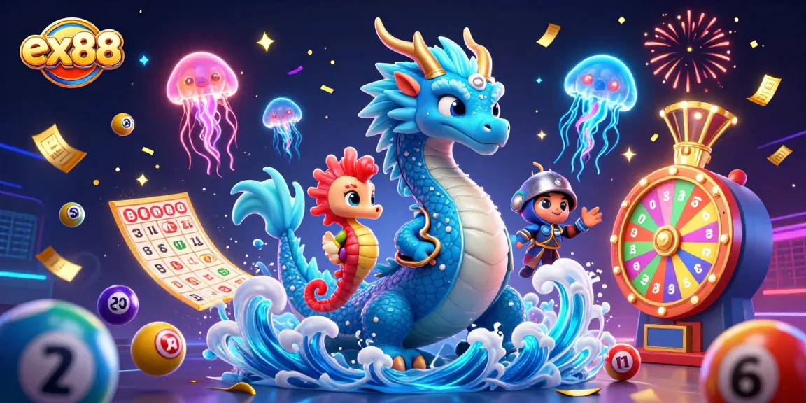 Experience exciting gaming at EX88 with vibrant lottery elements and dynamic characters.