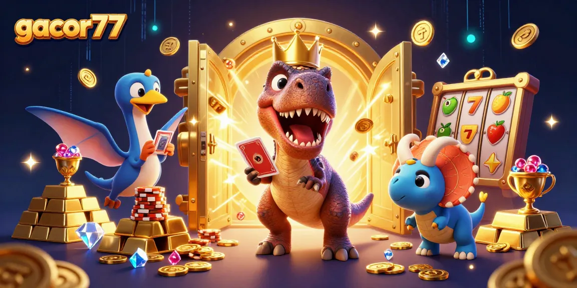 Gacor77 menampilkan T-Rex ramah, burung pterodactyl, dan triceratops bayi dalam ilustrasi kasino kaya harta.