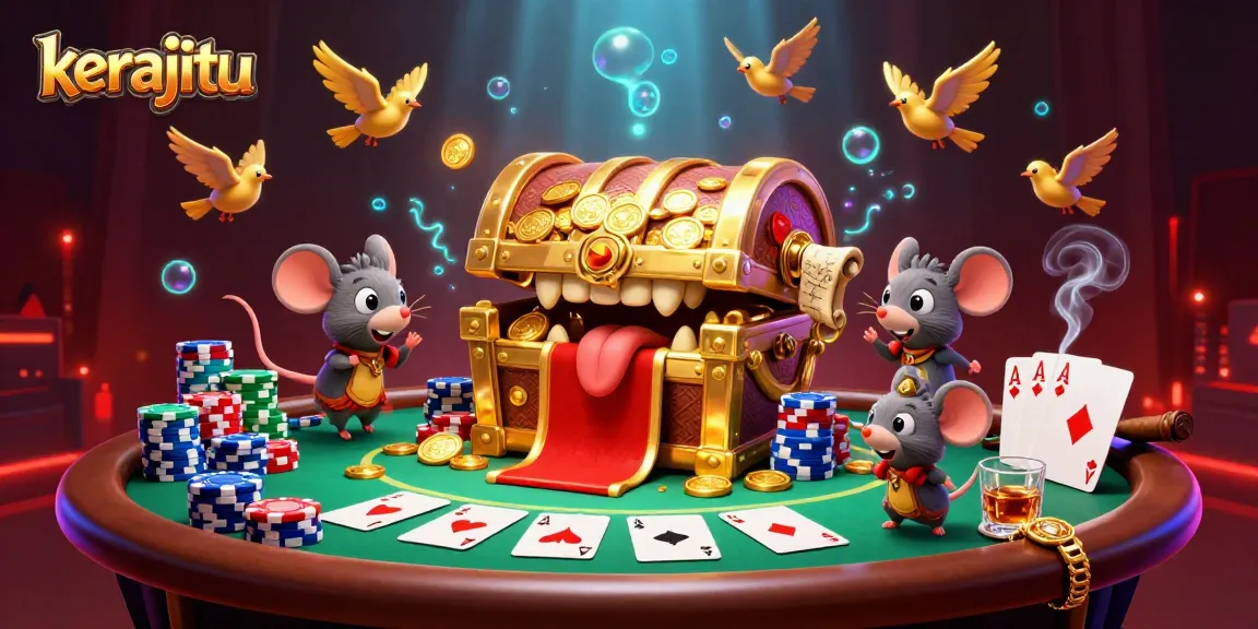 Permainan kerajitu yang menarik dengan karakter harta karun dan meja poker penuh semangat.