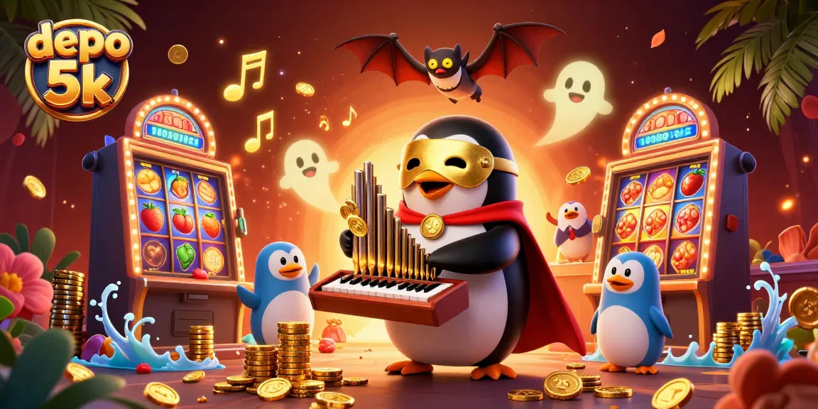 Experience excitement playing slots with depo 5k, featuring vibrant characters and golden coins.