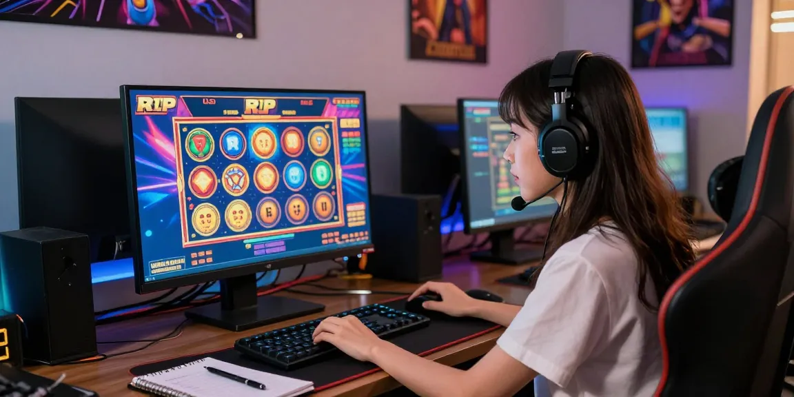 Permainan rtp slot online dengan pemain fokus di depan layar komputer