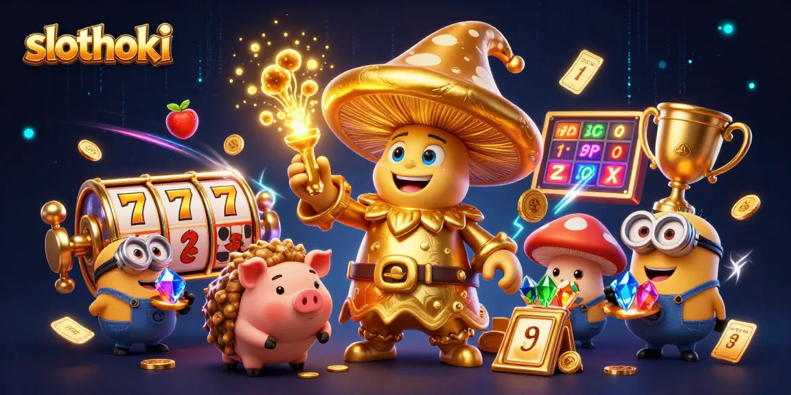 Slothoki menghadirkan wizard jamur emas dalam ilustrasi slot yang kaya dan magis.