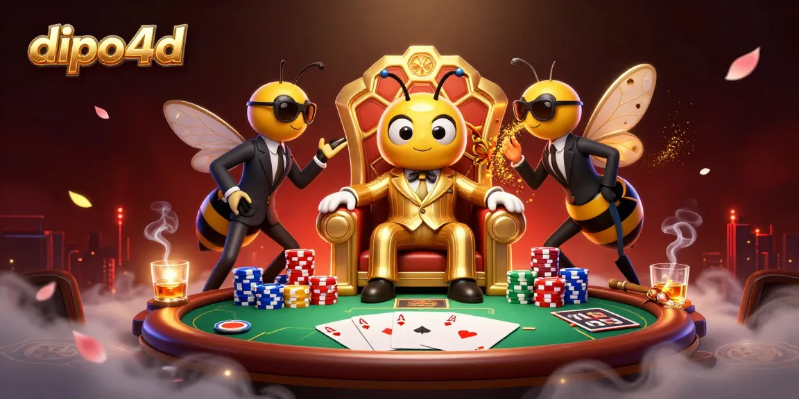 Bet on dipo4d in a vibrant 3D casino scene with a bumblebee mob boss and poker elements.