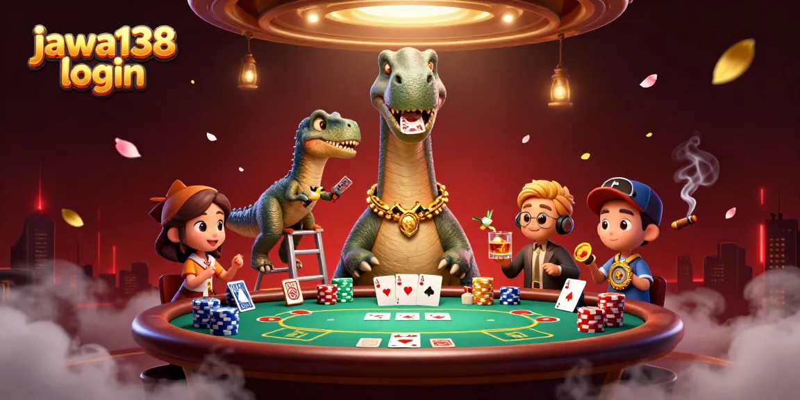 Permainan kartu di meja poker dengan brontosaurus dan raptor menciptakan keseruan, saat login di jawa138.
