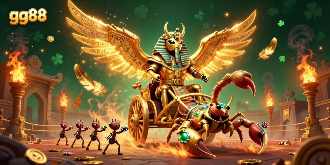 Experience the thrilling world of gg88 with a majestic scarab and scorpions in a vibrant casino scene.
