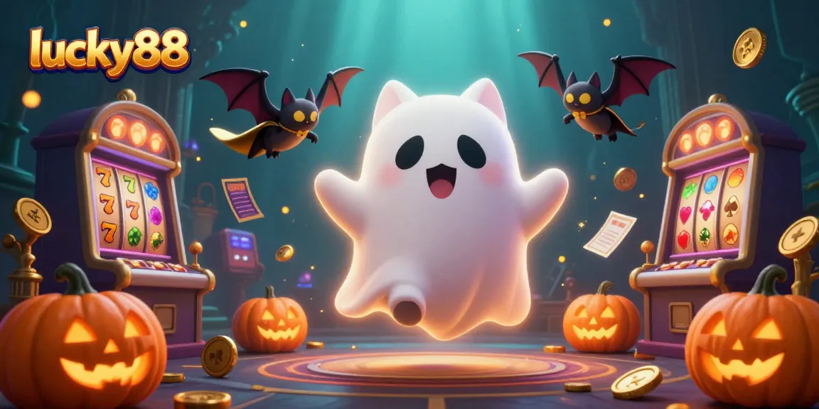 Engage with lucky88 in a vibrant haunted casino scene filled with dynamic slot elements and playful characters.