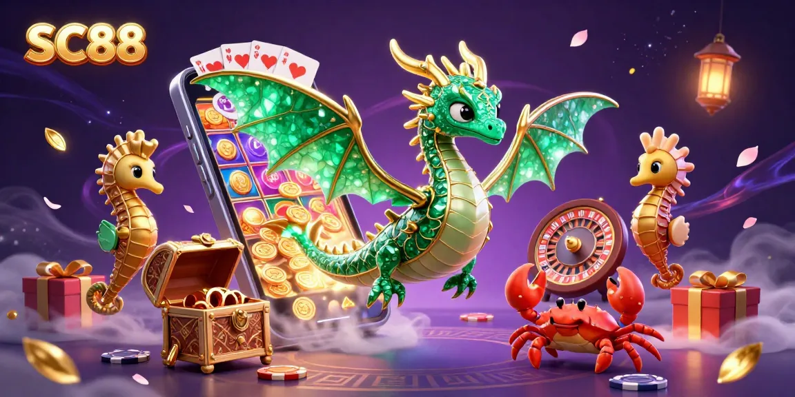 Experience the SC88 sea dragon guarding treasure with exciting slot elements in a dynamic casino scene.