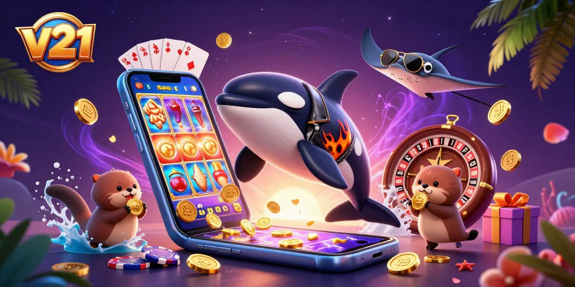 v21 hadir dengan slot permainan yang penuh keseruan, menunjukkan ikan paus orca dan keluarga berang-berang menampilkan koin emas