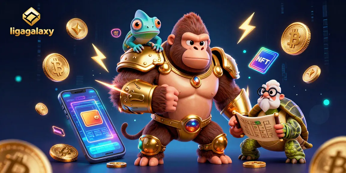 Gorila kuat di armor emas, bermain di ligagalaxy dengan koin crypto bersinar di sekelilingnya.