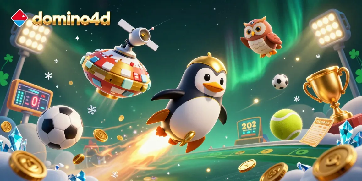 Melihat domino4d sebagai penguin emas peluncur roket menyebarkan koin dalam suasana kasino.