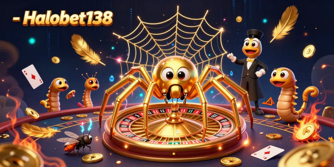 Menempatkan taruhan dengan berhati-hati di Halobet138 di meja roulette, bersama laba-laba emas dan dealer serangga.