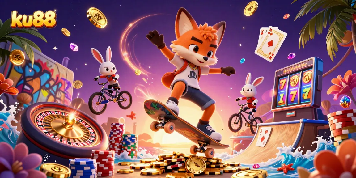 ku88 unleashes thrilling casino fun with a 3D fox and rabbit skateboarding amidst animated gaming elements