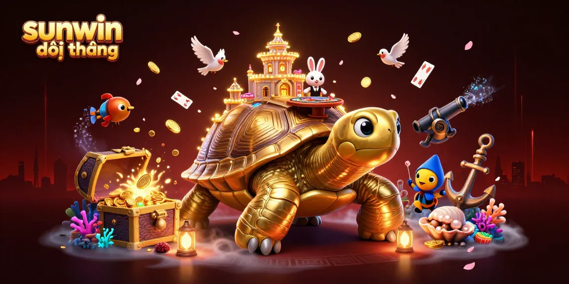 Experience sunwin đổi thưởng with this vibrant 3D illustration showcasing a golden tortoise casino and dynamic game elements.