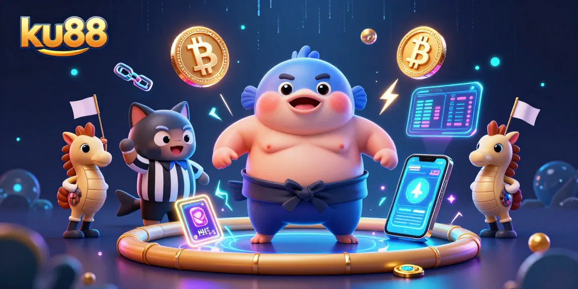 Experience thrilling gaming at ku88 with a lively crypto-themed casino scene featuring a puffed-up fugu.