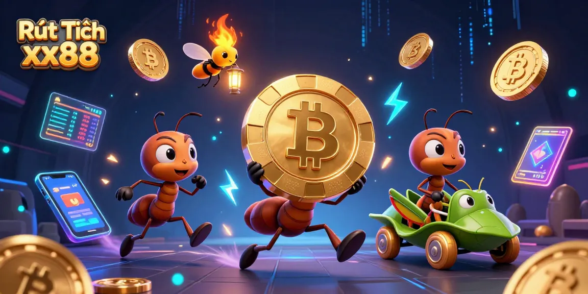 Rút Tiền xx88 transaction scene with cartoon ants carrying poker chip amidst crypto coins.